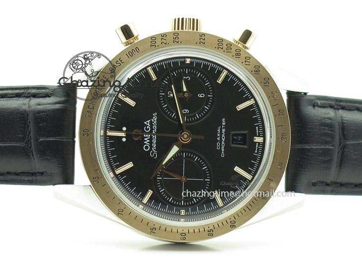 0509 Trendsetting Speedmaster ’57 SS Chrono AXF Best Edition RG Bezel Black Dial on Black Leather Strap A 8283